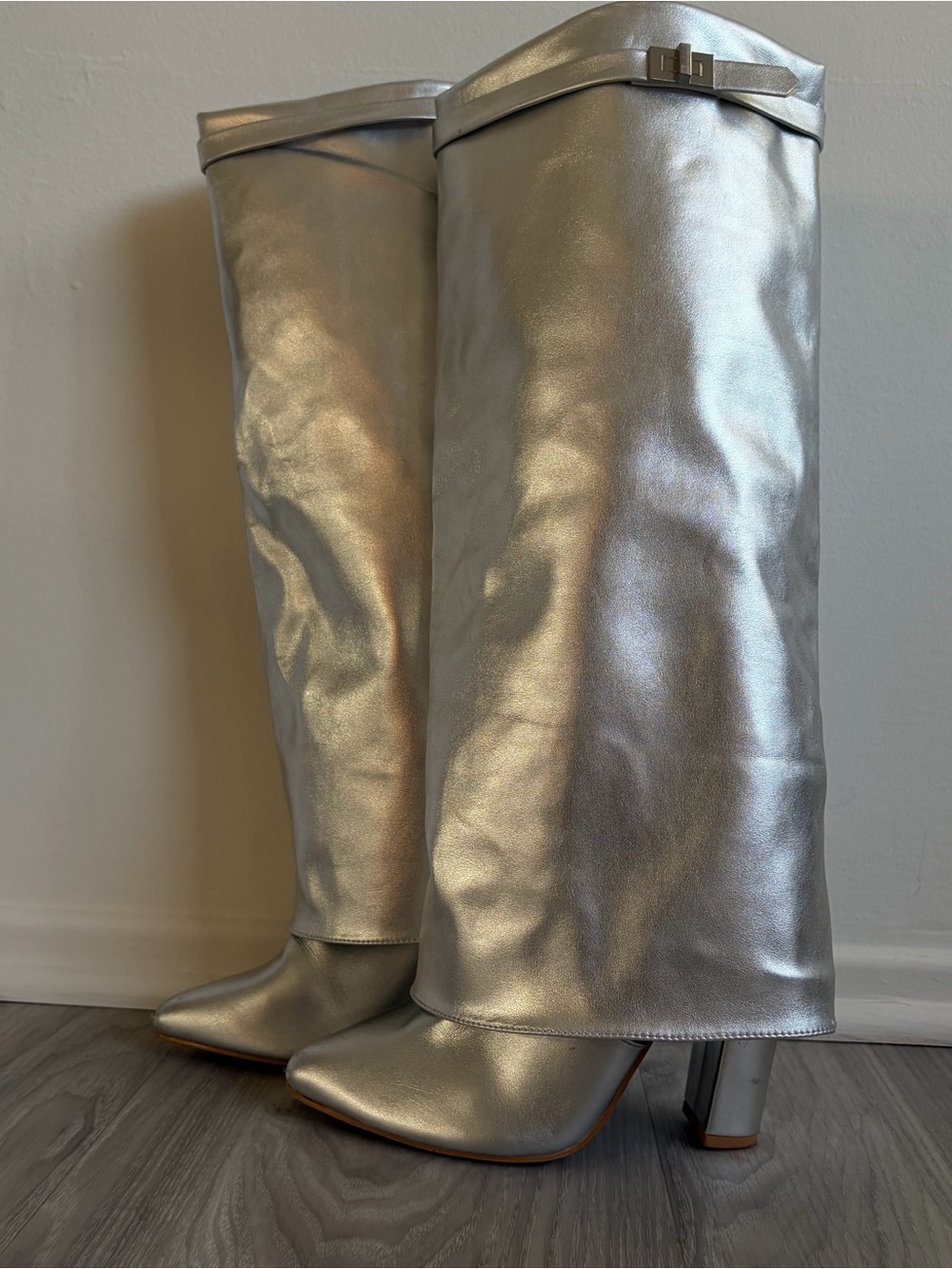 PrettyLittleThing Silver Metallic Over-The-Knee Boots